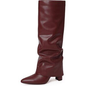 Women Burgundy Slouchy Faux Leather Fold Over Knee High Chunky High Heels Boot